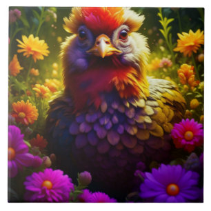 Mooie Kleurrijke Kip in Bloementuin Tegeltje