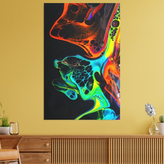 Mooie kleurrijke mix van neon verven op zwart oppe canvas afdruk (Insitu (Woonkamer))