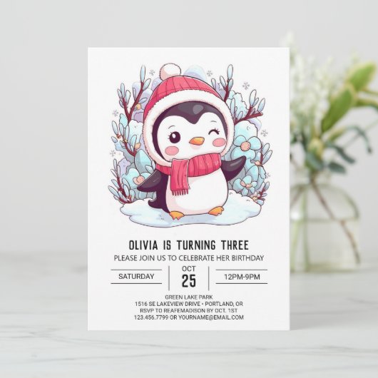 Mooie kleurrijke pinguïn digitale verjaardag kaart (Staand voorkant)