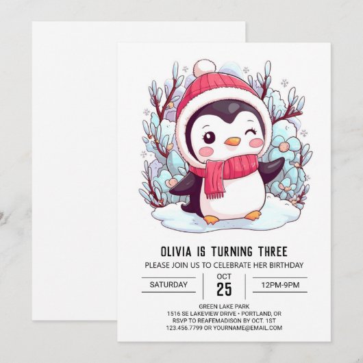 Mooie kleurrijke pinguïn digitale verjaardag kaart (Voorkant / Achterkant)