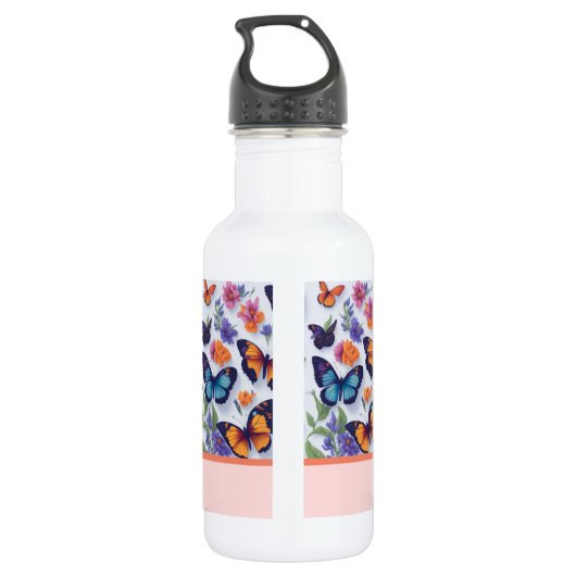 Mooie kleurrijke Vlinders en Bloemen Waterfles (Achterkant)