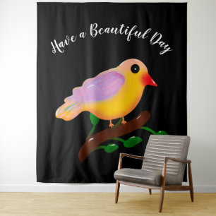 Mooie Kleurrijke Vogel op Tak   Met de Hand Geteke Wandkleed