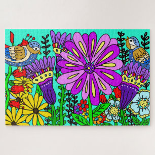 Mooie Kleurrijke Volkskunst Stijl Vogel en Bloemen Legpuzzel