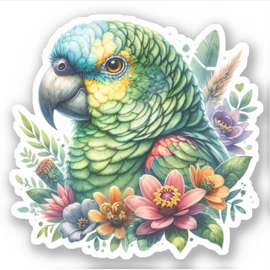 Mooie kleurrijke Waterverf Amazon Parrot Sticker (Voorkant)