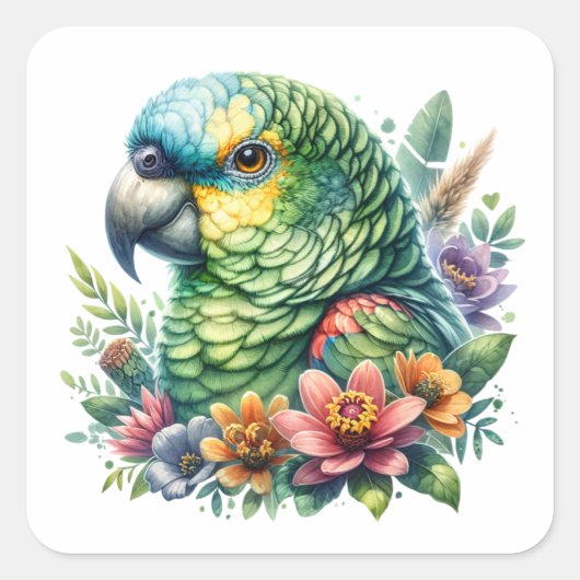 Mooie kleurrijke Waterverf Amazon Parrot Vierkante Sticker (Voorkant)