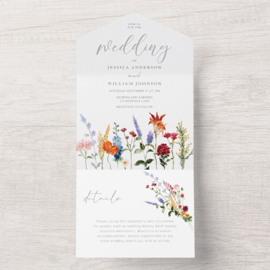 Mooie kleurrijke Wildflower bruiloft All In One Uitnodiging (Binnen)