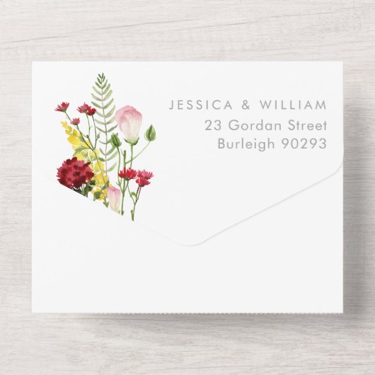 Mooie kleurrijke Wildflower bruiloft All In One Uitnodiging (Achterkant)