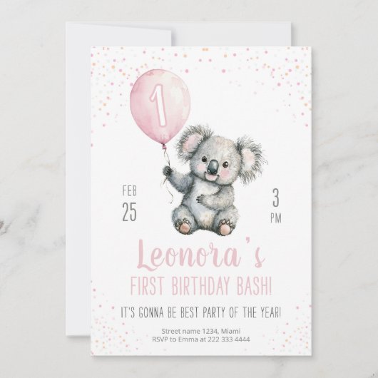 Mooie Koala roze ballon 1e verjaardag Kaart (Voorkant)