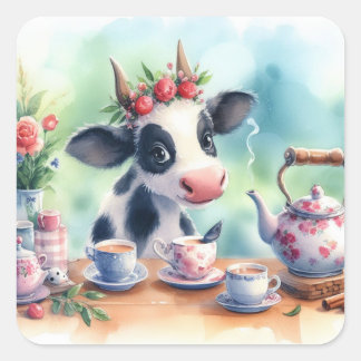 Mooie Koe die Thee Drinkt Vierkante Stickers