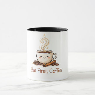 Mooie koffiekop met koffiebonen en kaneel mok