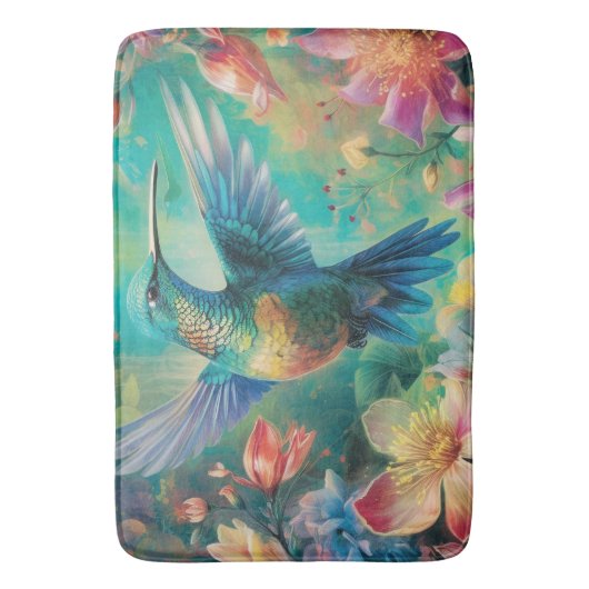 Mooie kolibrie omringd door bloemen badmat (Voorkant Verticaal)