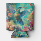 Mooie kolibrie omringd door bloemen blikjeskoeler (Voorkant)