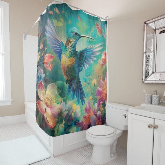 Mooie kolibrie omringd door bloemen douchegordijn (In situ)