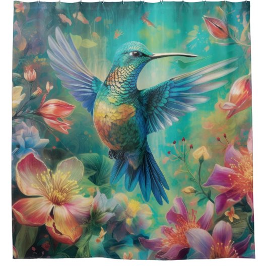 Mooie kolibrie omringd door bloemen douchegordijn (Voorkant)