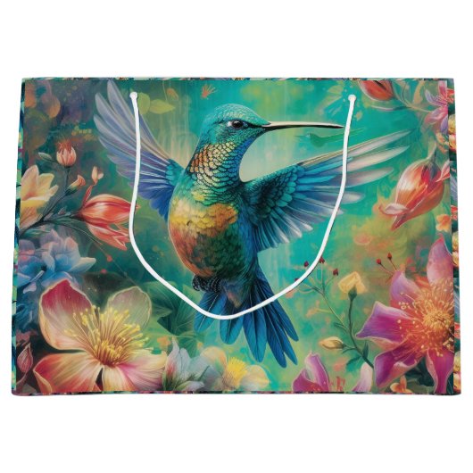 Mooie kolibrie omringd door bloemen groot cadeauzakje (Voorkant)