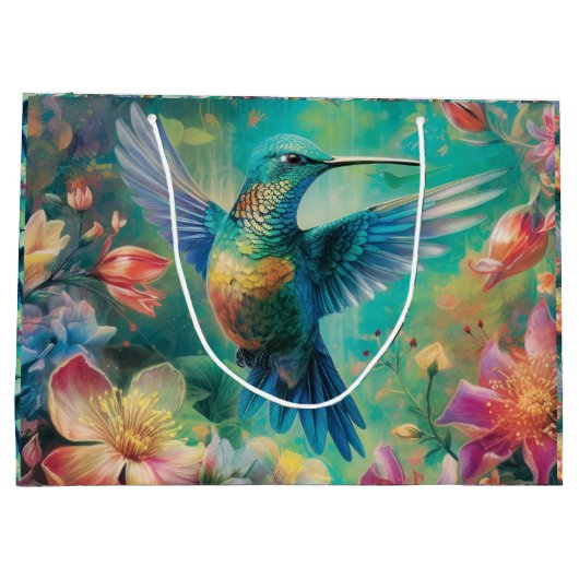 Mooie kolibrie omringd door bloemen groot cadeauzakje (Achterkant)