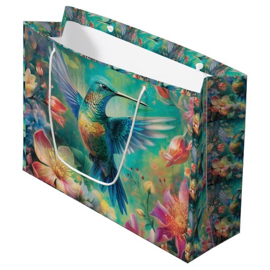 Mooie kolibrie omringd door bloemen groot cadeauzakje (Voorkant Gekanteld)