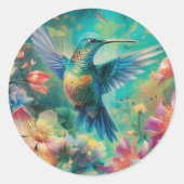 Mooie kolibrie omringd door bloemen ronde sticker (Voorkant)