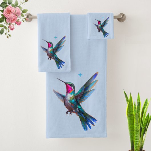 Mooie kolibrie op lichtblauw bad handdoek
