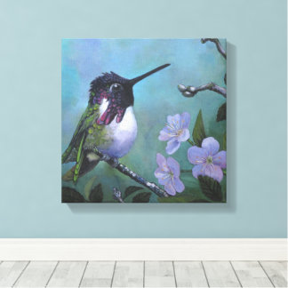 Mooie kolibrie wandontwerp Blauwe Bloemen tak Canvas Afdruk