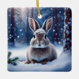 Mooie Konijn In Besneeuwd Bos Keramische Versierin Keramisch Ornament