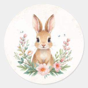 Mooie Konijn met Bloemen Ronde Sticker Roze Lent