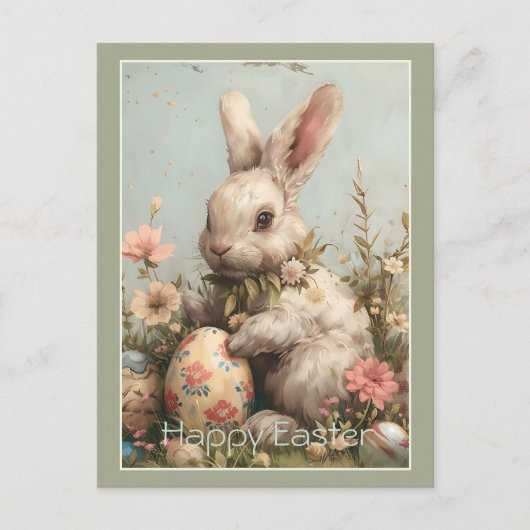 Mooie Konijn Paaseieren Bloemen  Feestdagenkaart (Voorkant)