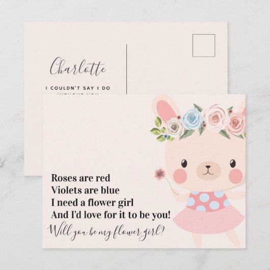 Mooie Konijn Trouw Bloemenmeisje Aanzoek Aankondigingskaart (Voorkant / Achterkant)