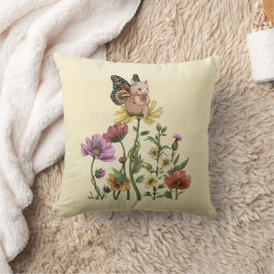 Mooie Konijn Vlinder Bloemrijke Tuin Illustratie Kussen