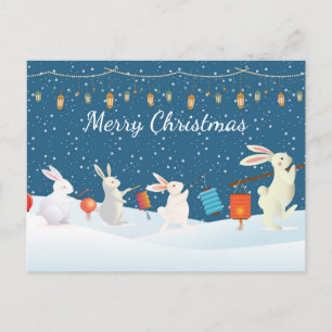 Mooie Konijnen Lantaarn Optocht Door Sneeuw Kerstm Briefkaart