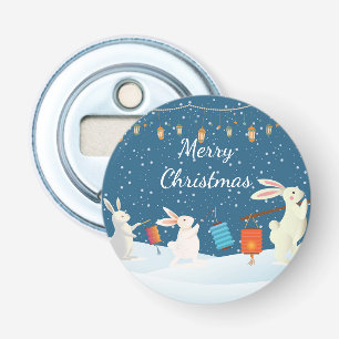 Mooie Konijnen Lantaarn Optocht Door Sneeuw Kerstm Button Flesopener