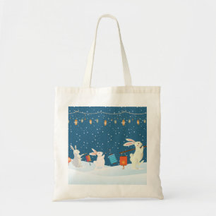 Mooie Konijnen Lantaarn Optocht Door Sneeuw Kerstm Tote Bag