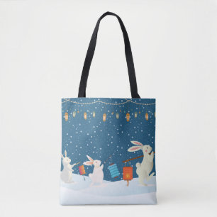 Mooie Konijnen Lantaarn Optocht Door Sneeuw Kerstm Tote Bag
