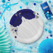 Mooie koningsblauwe bloemen zilvergrijze marmer papieren bordje (Feest)