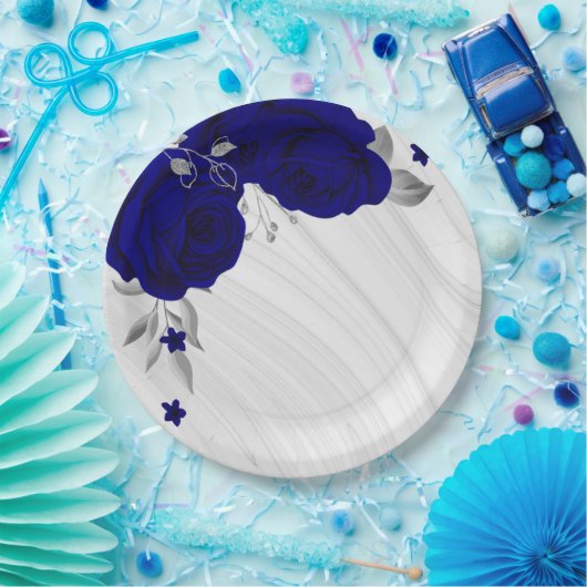 Mooie koningsblauwe bloemen zilvergrijze marmer papieren bordje (Feest)