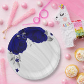 Mooie koningsblauwe bloemen zilvergrijze marmer papieren bordje (Feest)