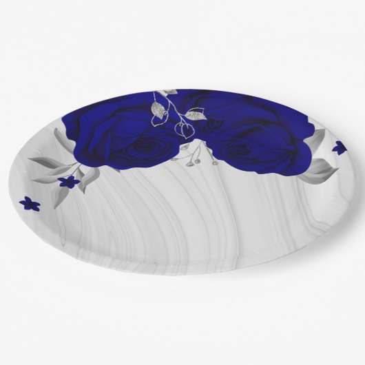 Mooie koningsblauwe bloemen zilvergrijze marmer papieren bordje (Gekanteld)