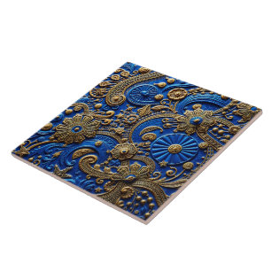 Mooie Koninklijke Blauwe & Gouden Bloemrijke Abstr Tegeltje