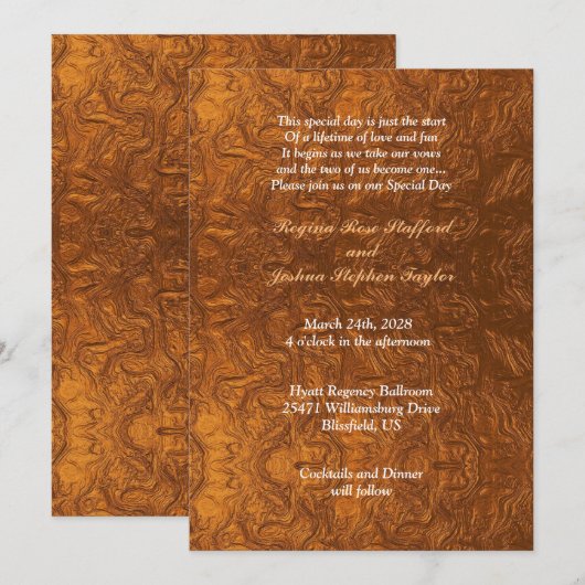 Mooie koperen getextureerde bruiloft kaart (Voorkant / Achterkant)