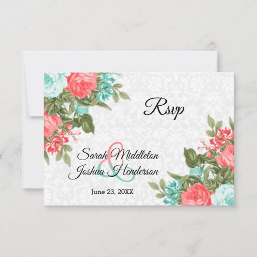 Mooie Koraal en Blauwgroen Bloem - RSVP (Voorkant)