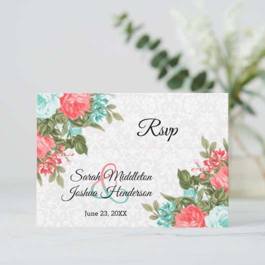 Mooie Koraal en Blauwgroen Bloem - RSVP (Staand voorkant)