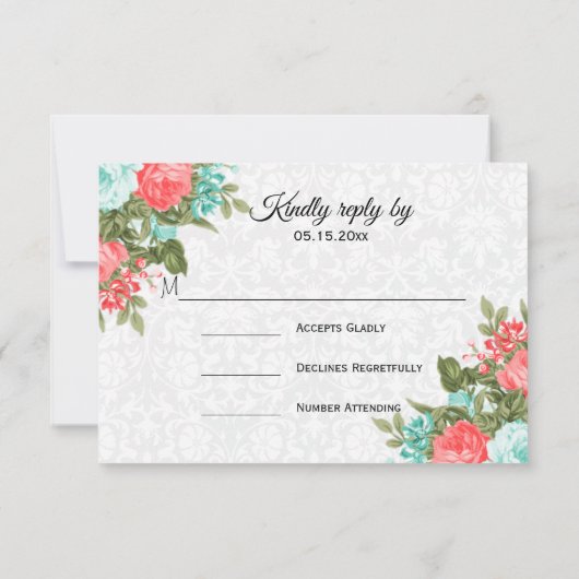 Mooie Koraal en Blauwgroen Bloem - RSVP (Achterkant)