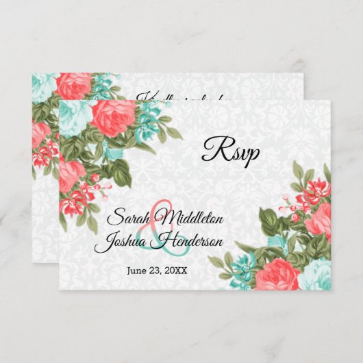 Mooie Koraal en Blauwgroen Bloem - RSVP (Voorkant / Achterkant)