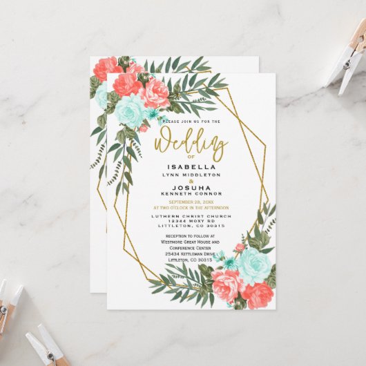 Mooie koraal en lichte Blauwgroen Floral Kaart (Voorkant / Achterkant in situ)