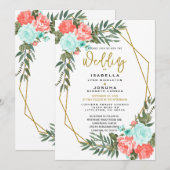 Mooie koraal en lichte Blauwgroen Floral Kaart (Voorkant / Achterkant)