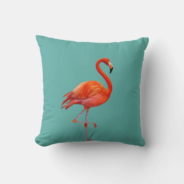 Mooie koraalroze flamingo op turquoise kussen (Voorkant)