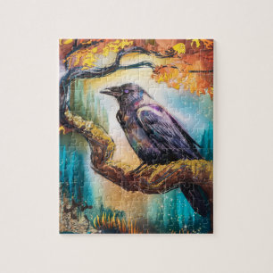 Mooie kraai op een boomtak legpuzzel
