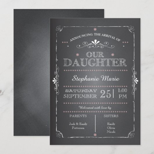 Mooie Krijtbord Baby Meisje Geboorteaankondiging Aankondiging (Voorkant / Achterkant)