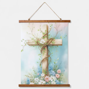 Mooie kruis met bloemen en een wijnstok hangend wandkleed
