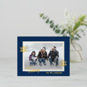 Mooie kunstschilfers op donkerblauw en goud folie feestdagen briefkaart (Staand Voorkant)